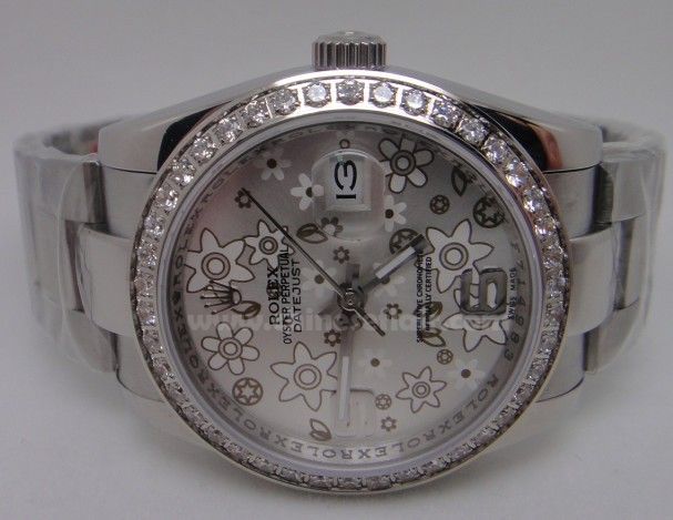 Stainless Steel Rolex Datejust Silver Flower Diamond Mens Watch